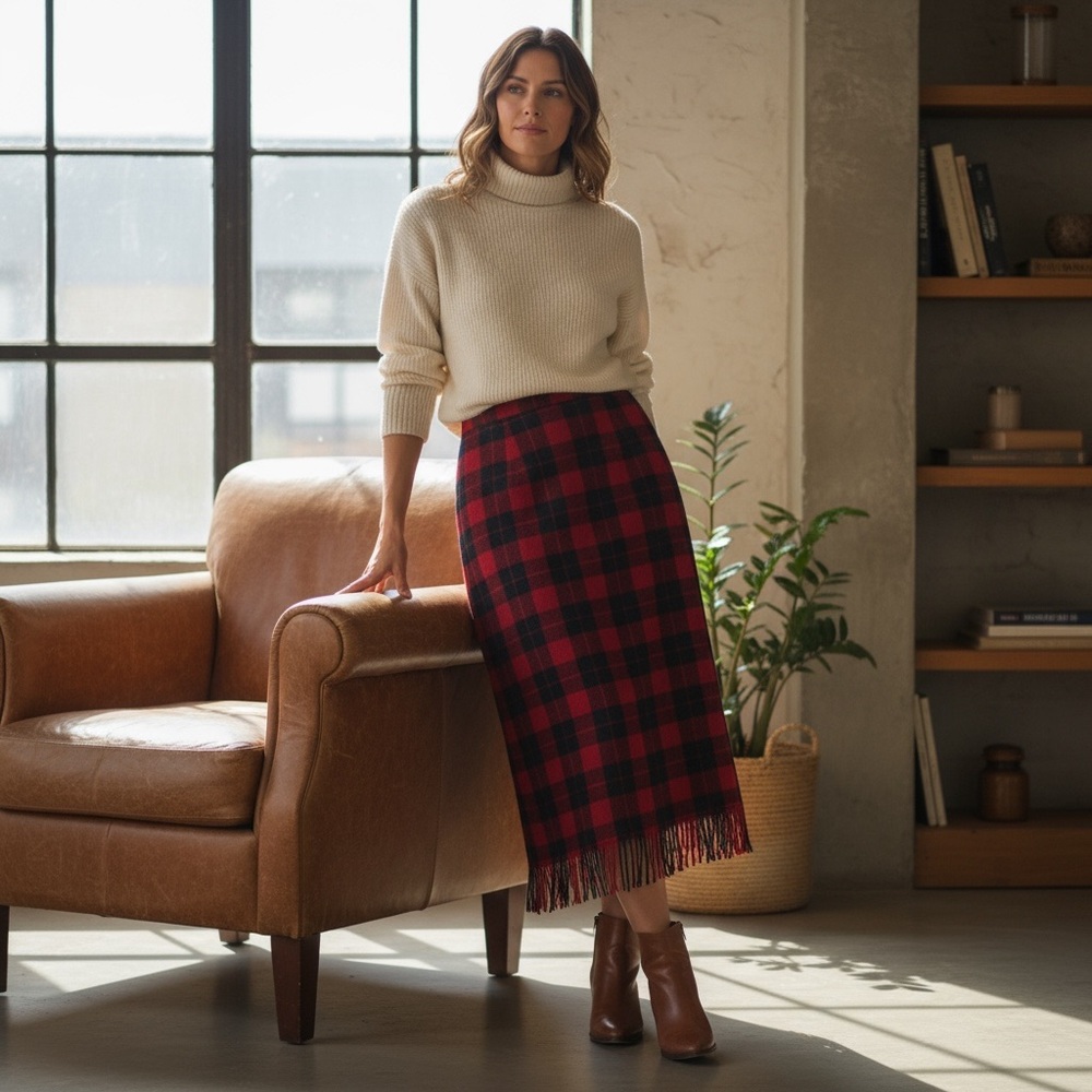 Briggs New York Red and Black Checkered Plaid Fringed‎ Wool Blend Midi Skirt